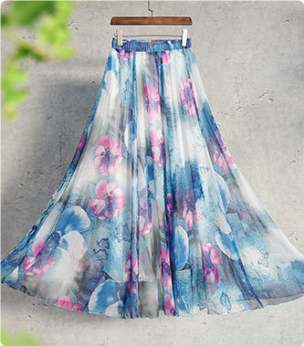 Printed Elastic Waist Slimming Large Hem Skirt