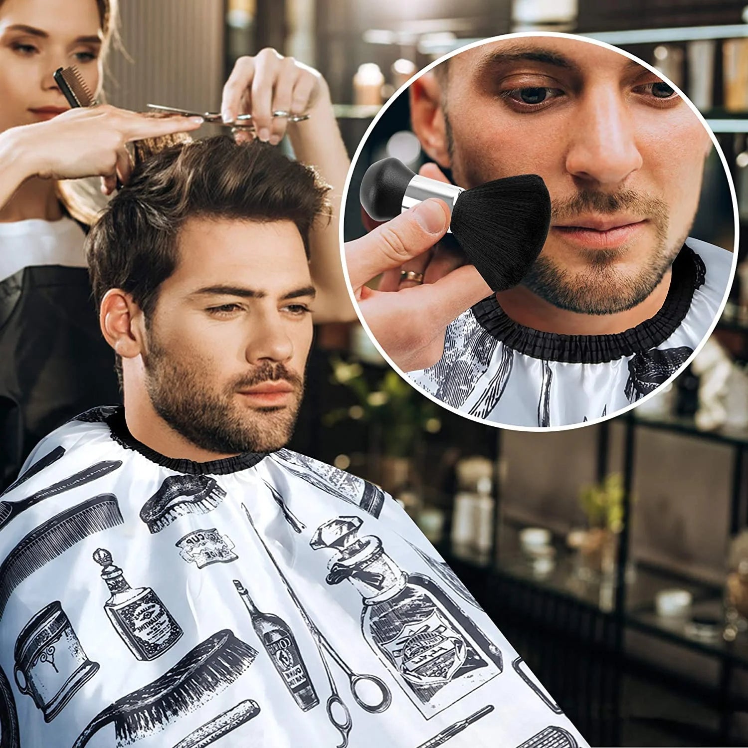 Professional Hair Cutting Cape With Neck Duster Brush, Salon Barber Cape, Hair Cutting Accessories -White Floral Print-Ban On Selling On Amazon