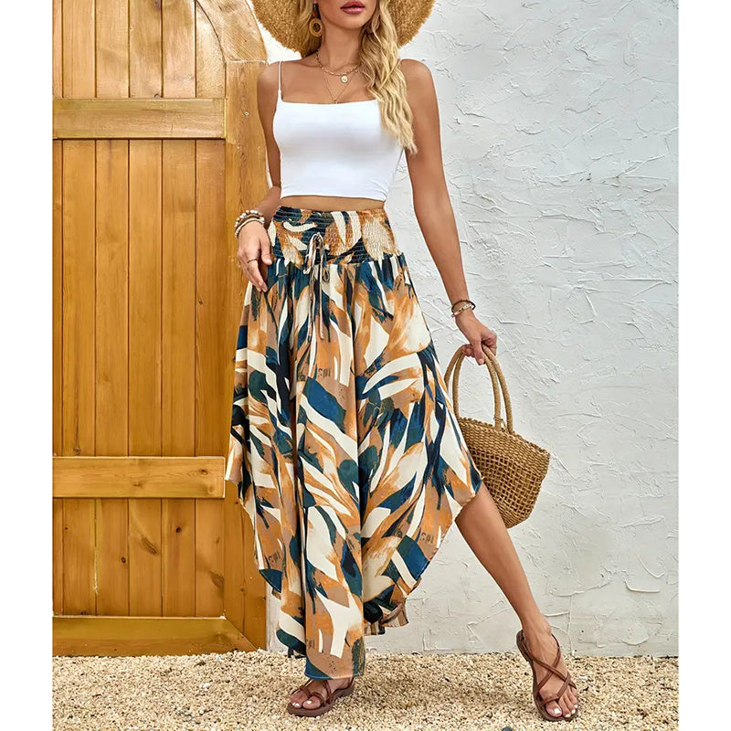 Women's High Elastic Waist Midi Skirt Casual Summer Trendy Tie Front Flowy Floral Print Beach Long Skirt