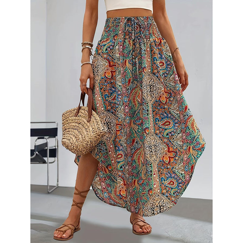 Women's High Elastic Waist Midi Skirt Casual Summer Trendy Tie Front Flowy Floral Print Beach Long Skirt