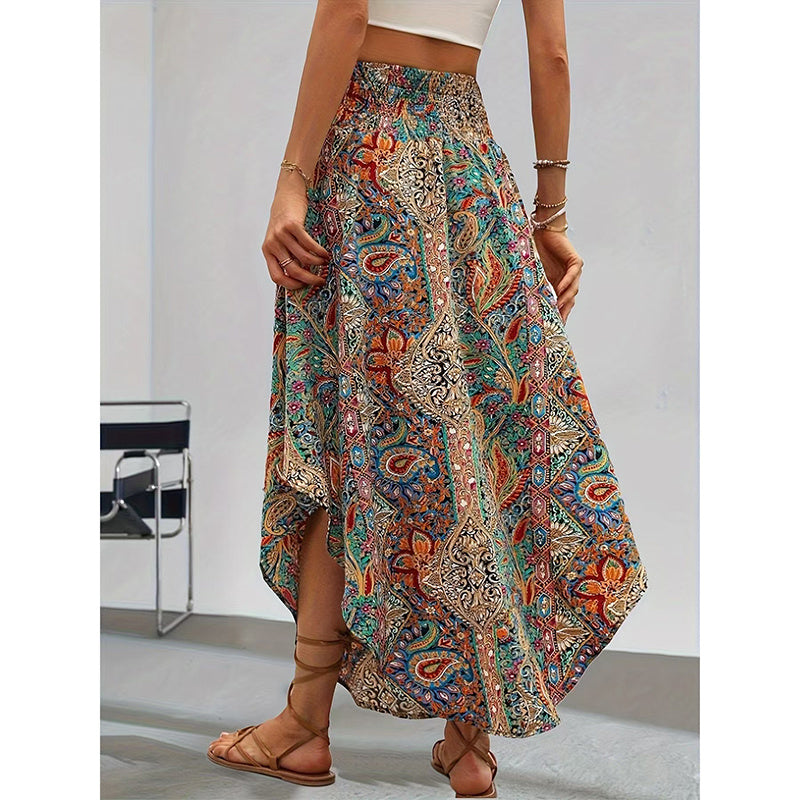 Women's High Elastic Waist Midi Skirt Casual Summer Trendy Tie Front Flowy Floral Print Beach Long Skirt