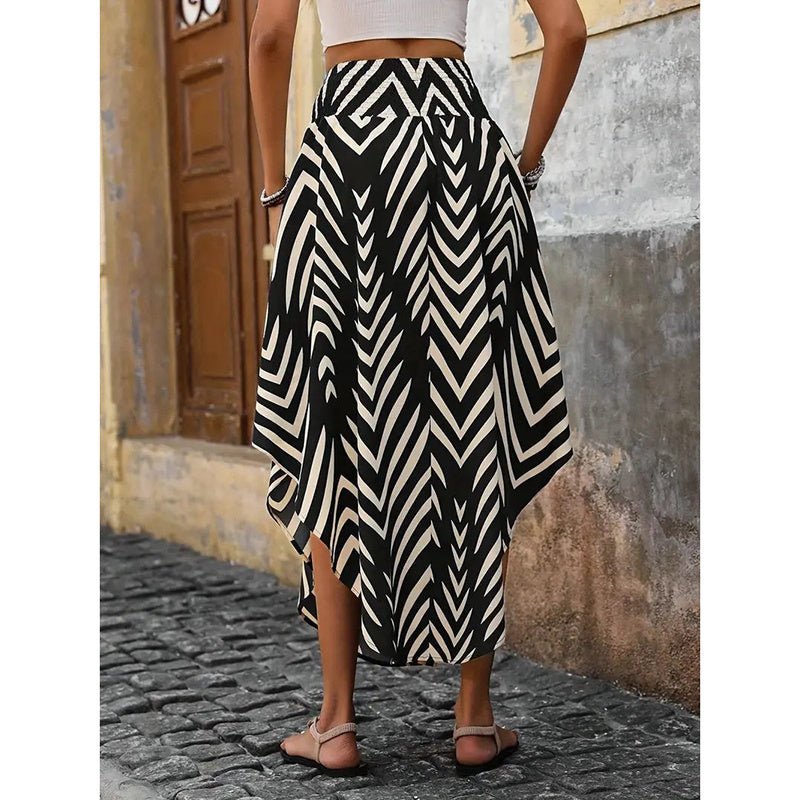 Women's High Elastic Waist Midi Skirt Casual Summer Trendy Tie Front Flowy Floral Print Beach Long Skirt